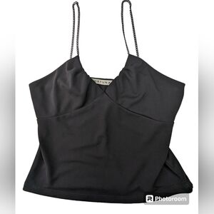 Fortuna Black Cropped Top Chain Straps V-neck Sz L Women's Pleats Sleeveless C2